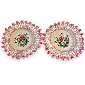 Edward Knowles Spring Glory 6” China Plates with Pink Crochet Frames 1950s MCM